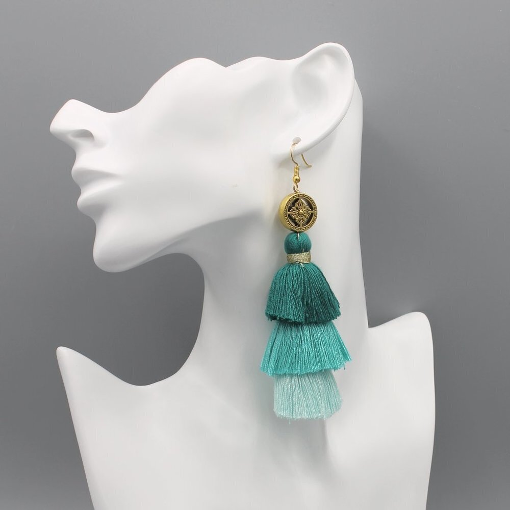 Jewelry earrings drop dangle tassel boho style gold mint elegant beautiful long